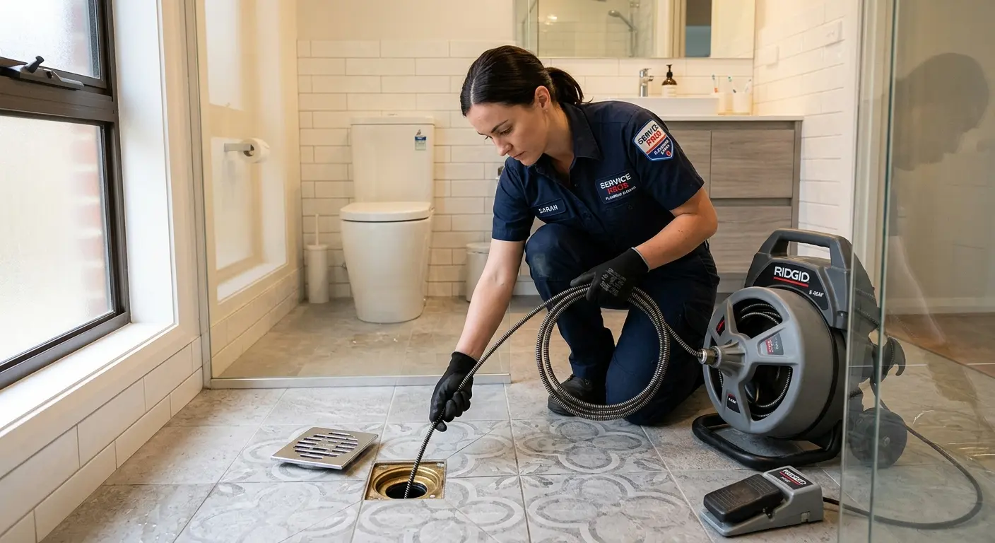 Technician clearing a bathroom floor drain for Sewer Line Replacement in Lansdowne